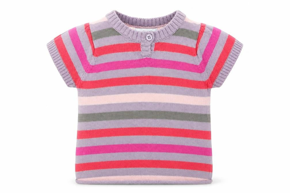 Front view of Vertbaudet girls’ multicoloured striped cotton basic t-shirt, size 3-6, months round neck button