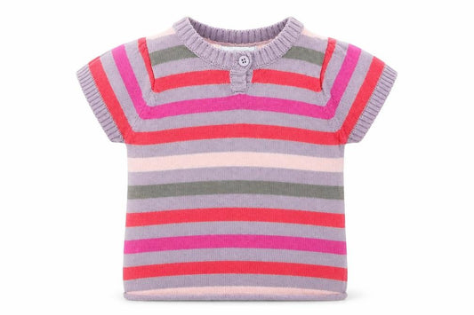 Front view of Vertbaudet girls’ multicoloured striped cotton basic t-shirt, size 3-6, months round neck button