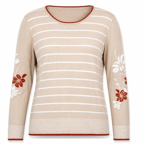 Paramour Womens Beige Round Neck Striped Viscose Pullover Jumper Size L - Flower Detail