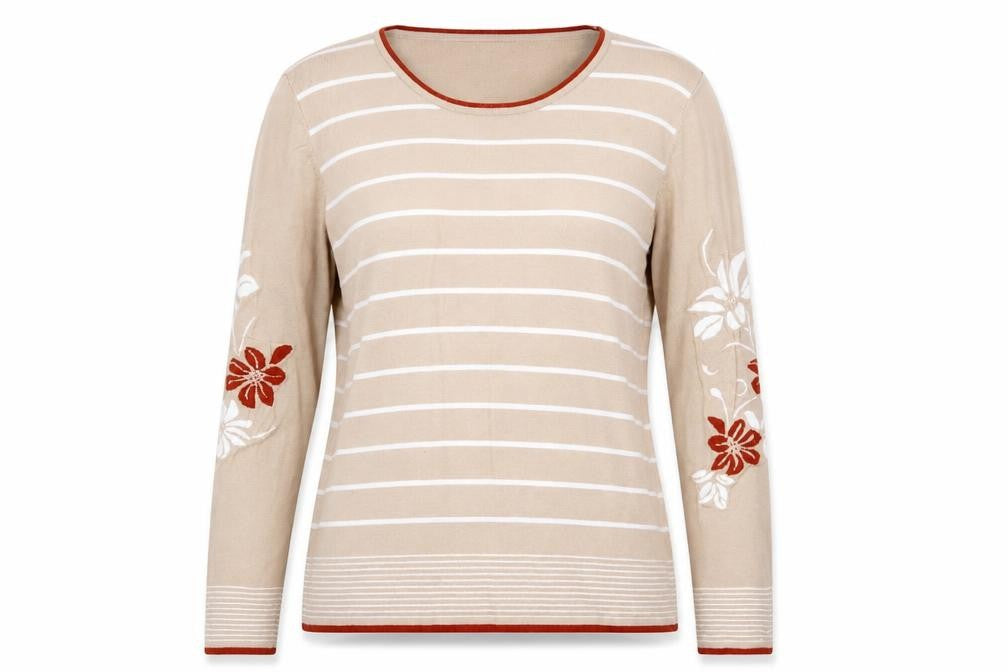 Paramour Womens Beige Round Neck Striped Viscose Pullover Jumper Size L - Flower Detail