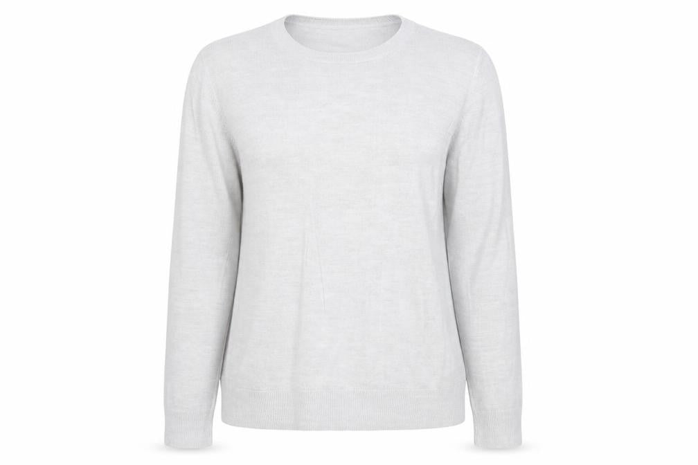Front view of Marks & Spencer women’s grey round neck acrylic jumper, size UK 16