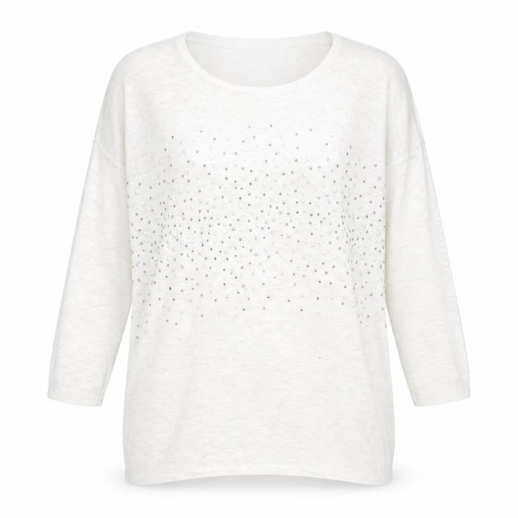 Front view of Warehouse women’s grey round neck acrylic jumper, size UK 8