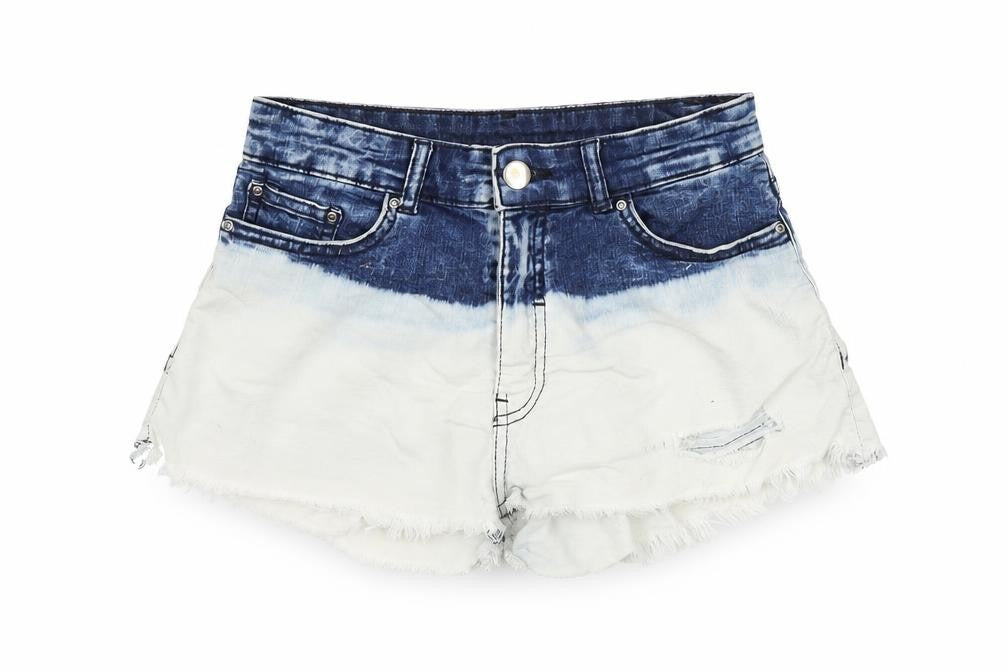 Front view of H&M women’s blue colourblock 100% cotton cut-off shorts, size UK 8, regular zip