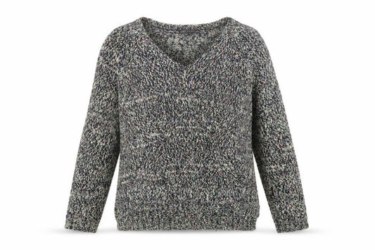 Front view of Marks & Spencer women’s multicoloured v-neck acrylic jumper, size UK 8