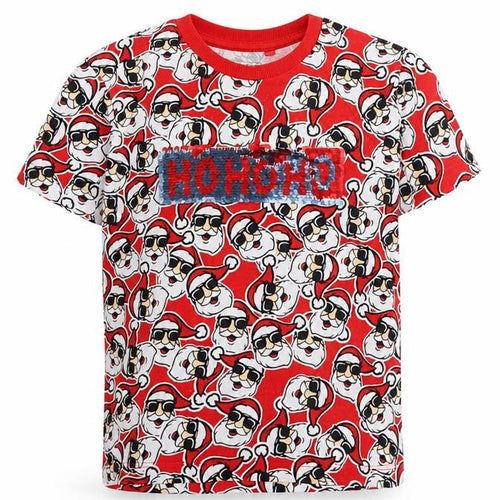 NEXT Boys Red Geometric 100% Cotton Basic T-Shirt Size 4 Years Round Neck Pullover - Father Christmas