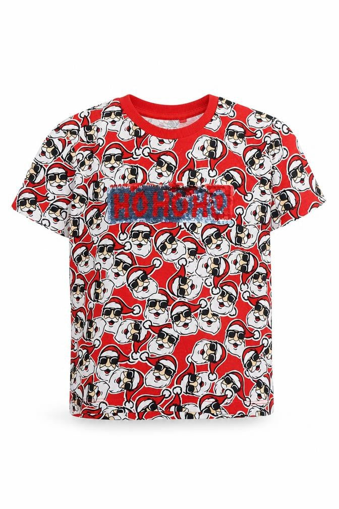 NEXT Boys Red Geometric 100% Cotton Basic T-Shirt Size 4 Years Round Neck Pullover - Father Christmas