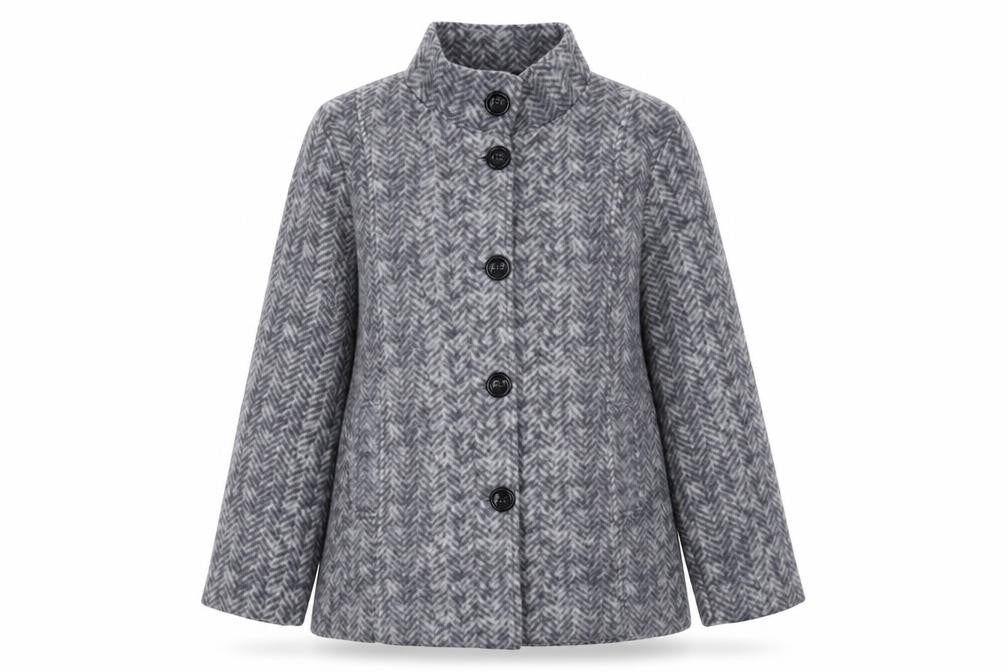Front view of Anna De Lancay women’s grey herringbone pea coat coat, size S, button