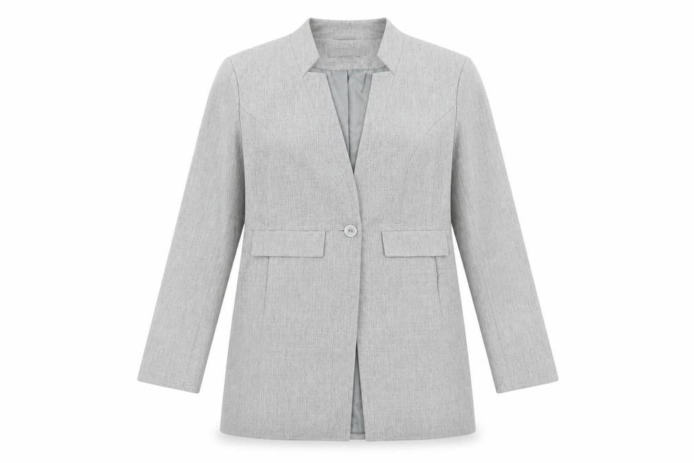 Front view of Bonprix women’s grey pea coat coat, size UK 12, button