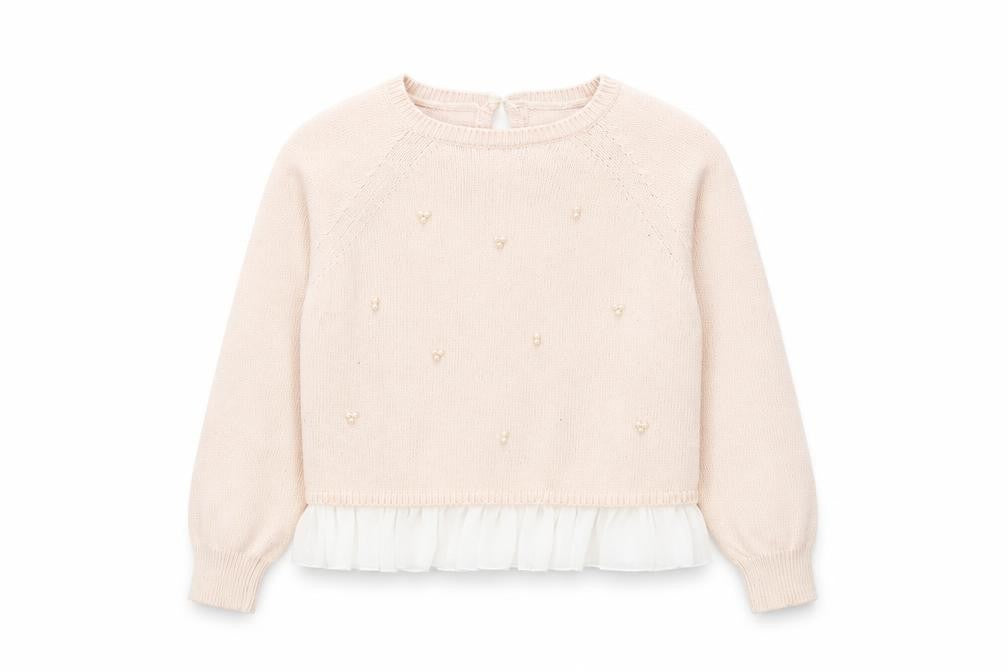 Front view of Next girls’ pink round neck nylon jumper, size 9, years button