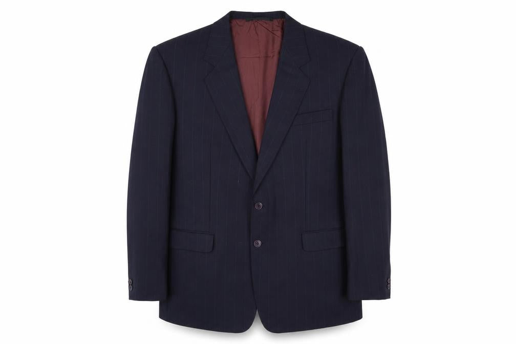 Front view of Hornes men’s blue striped wool jacket suit jacket, size 44, regular