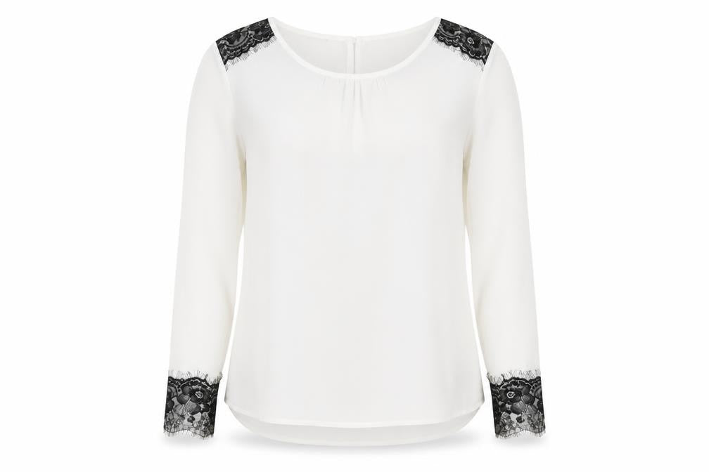Front view of Infinito women’s white polyester basic blouse, size M, boat neck - lace detail