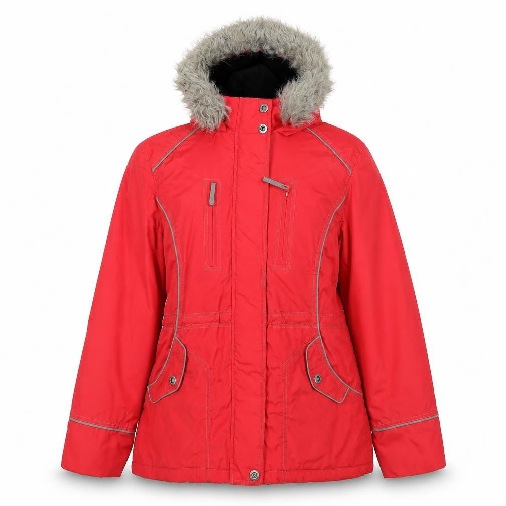Front view of Savoir women’s red windbreaker jacket, size UK 12, zip