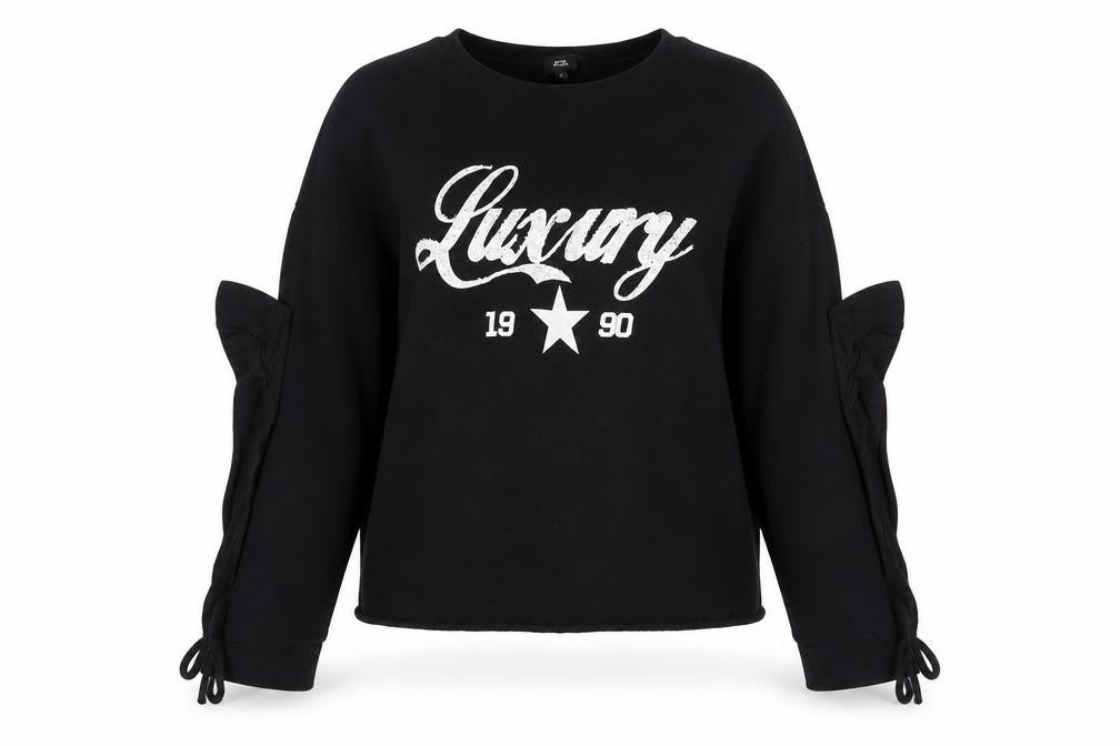 Front view of River Island women’s black 100% cotton pullover sweatshirt, size S, pullover - cold shoulder