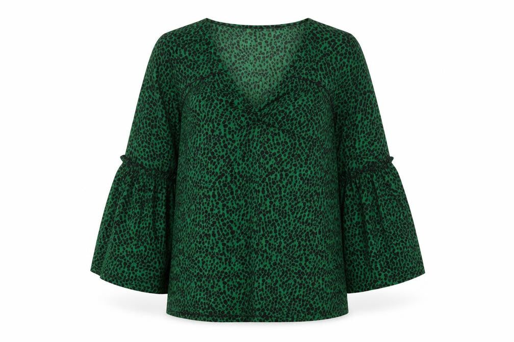 Front view of River Island women’s green animal print polyester basic blouse, size UK 10, v-neck