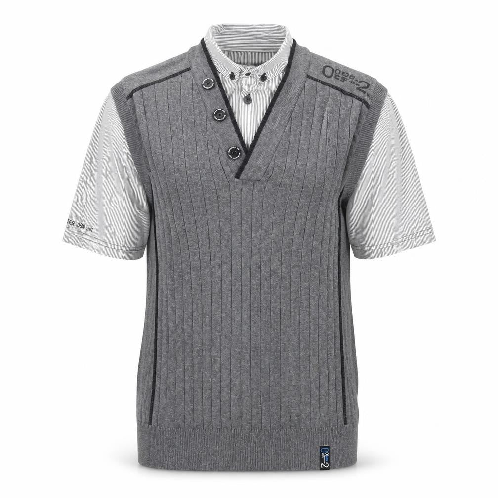 Front view of Next men’s grey collared cotton jumper, size S, short sleeve