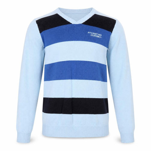 X Side Mens Blue V-Neck Striped Cotton Pullover Jumper Size S Long Sleeve