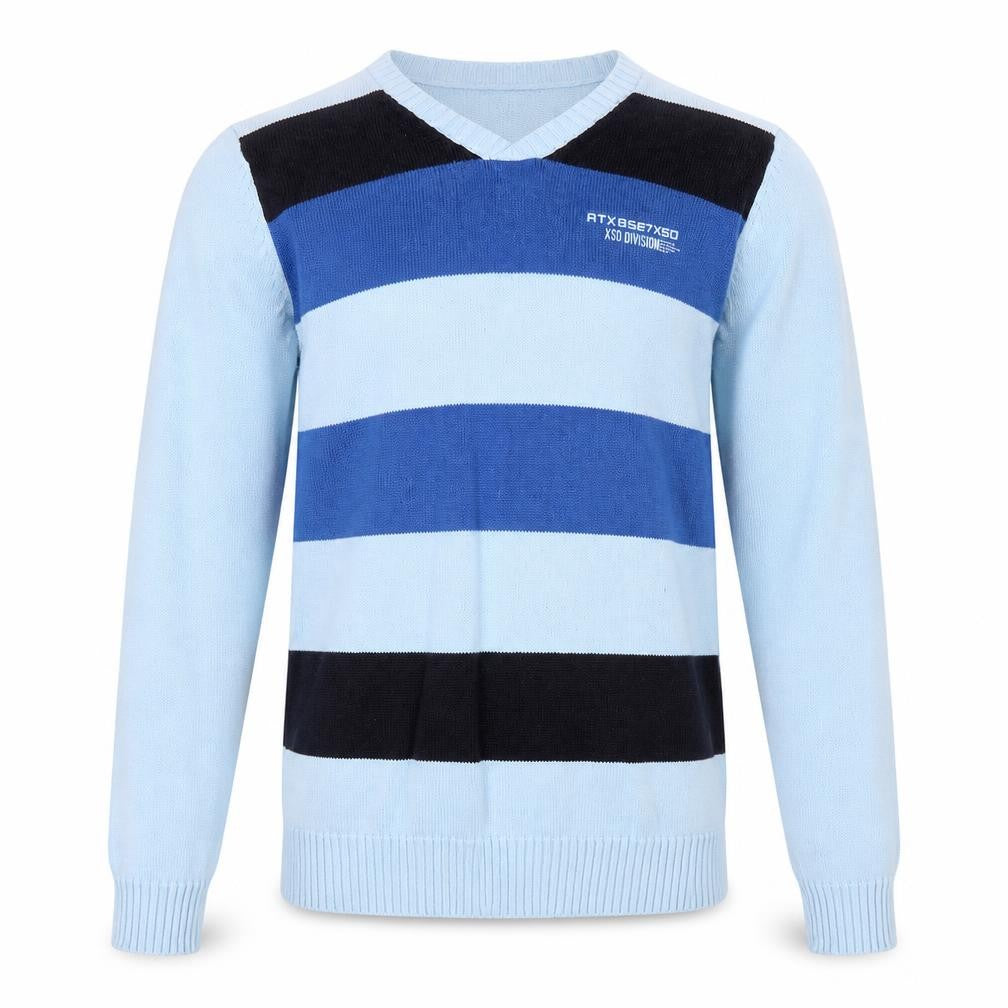 X Side Mens Blue V-Neck Striped Cotton Pullover Jumper Size S Long Sleeve