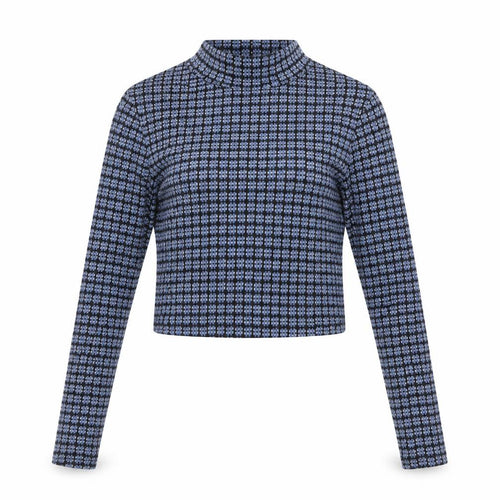 Topshop Womens Blue Geometric Polyester Cropped T-Shirt Size 6 Mock Neck
