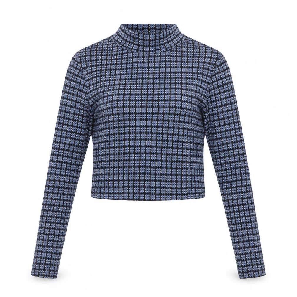 Topshop Womens Blue Geometric Polyester Cropped T-Shirt Size 6 Mock Neck