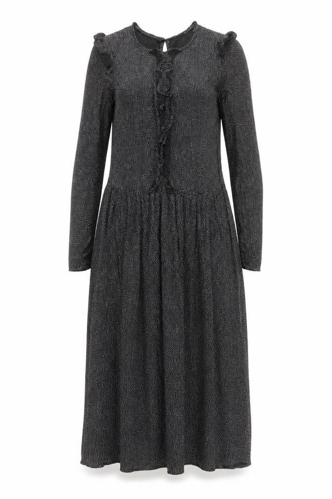 Front view of H&M women’s black geometric viscose trapeze & swing, size UK 6, round neck button