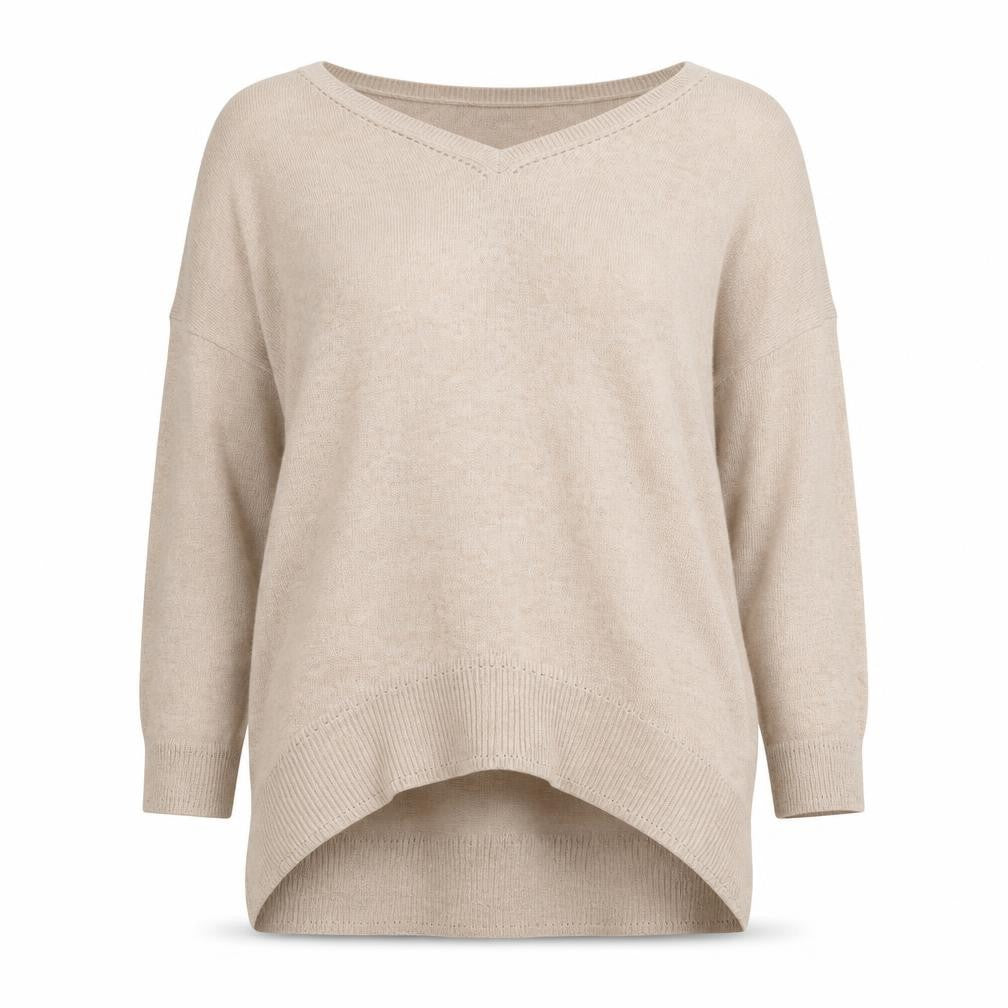 Front view of Monsoon women’s beige v-neck viscose jumper, size S