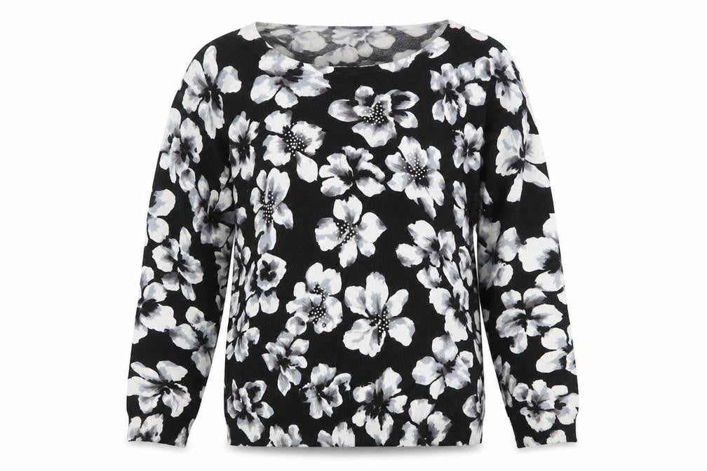 Front view of Autonomy women’s black round neck floral viscose jumper, size L