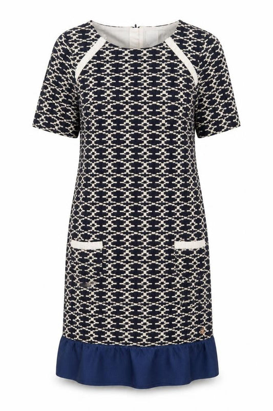 Front view of Carement Beau women’s blue geometric cotton a-line, size UK 12, round neck zip