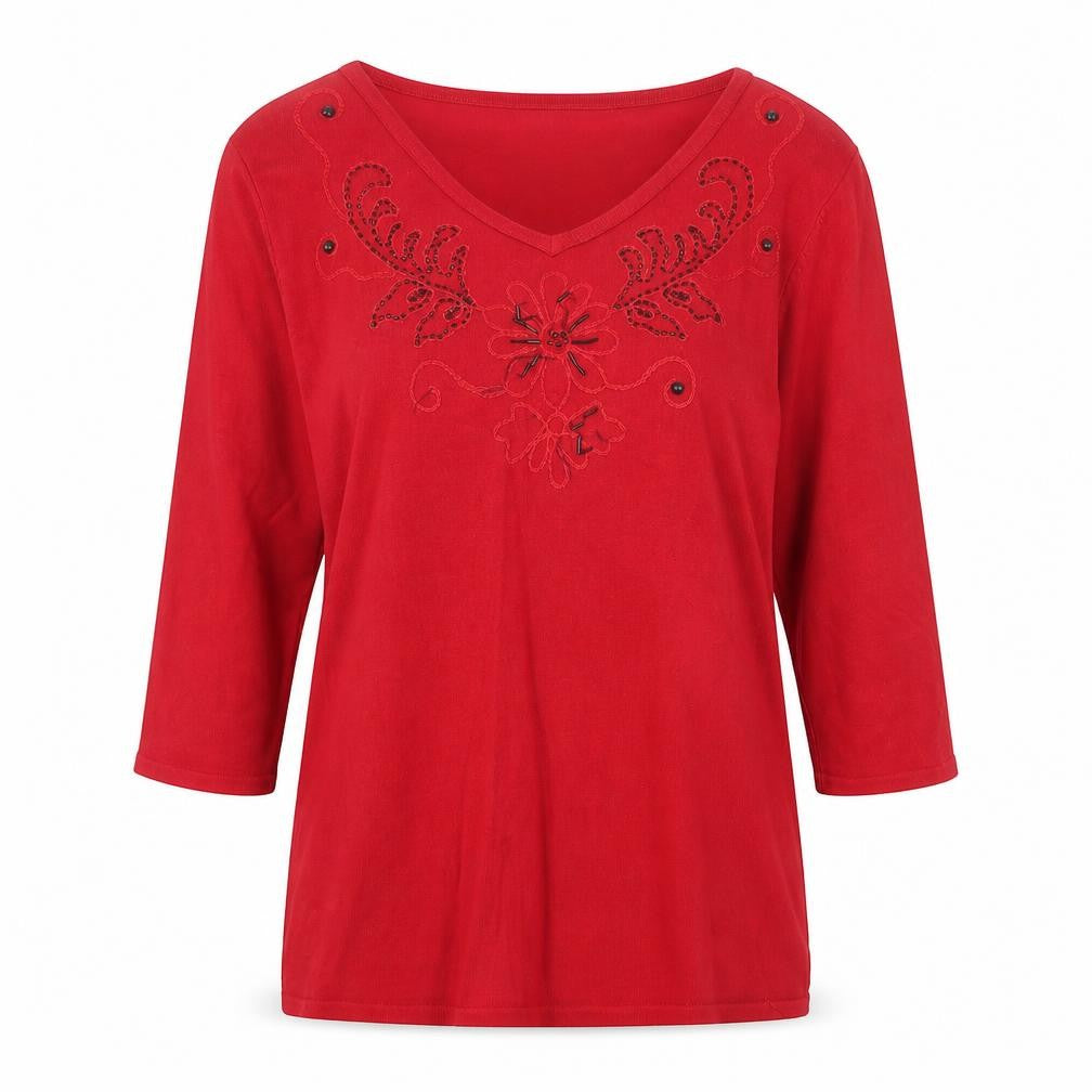 Anna Rose Womens Red V-Neck Floral Viscose Pullover Jumper Size L