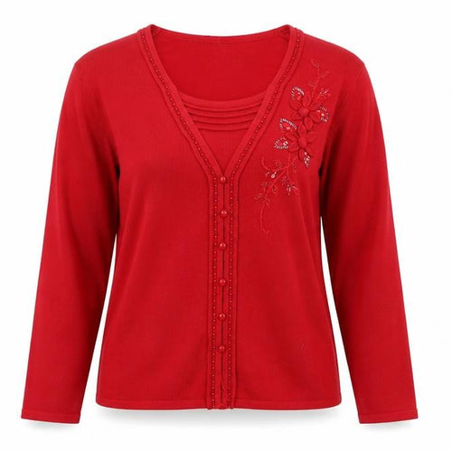 Bonmarché Womens Red Round Neck Floral Acrylic Pullover Jumper Size M - Twin Set