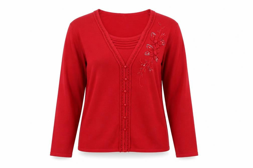 Bonmarché Womens Red Round Neck Floral Acrylic Pullover Jumper Size M - Twin Set