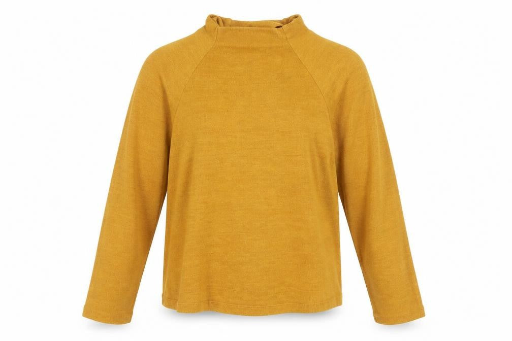 Front view of H&M women’s yellow viscose basic t-shirt, size S, high neck