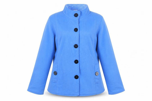Front view of Anne de Lancay women’s blue jacket, size L, button
