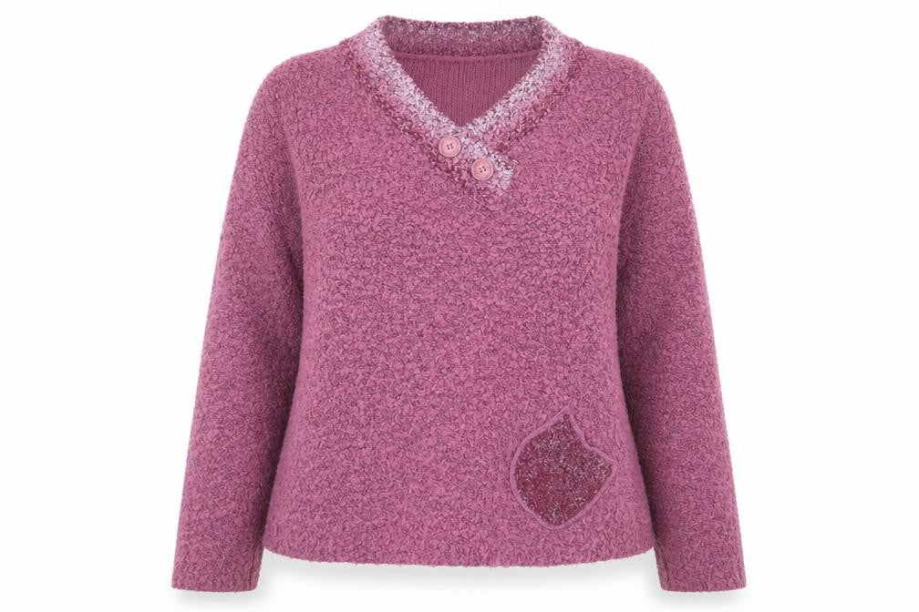 Front view of Casamia women’s purple v-neck acrylic jumper, size M