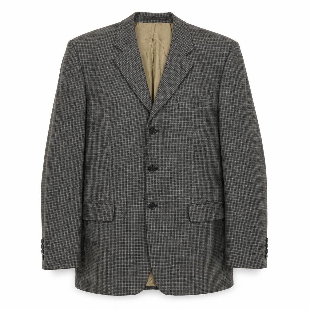 Front view of The British Tailor men’s grey geometric wool jacket suit jacket, size 42, regular
