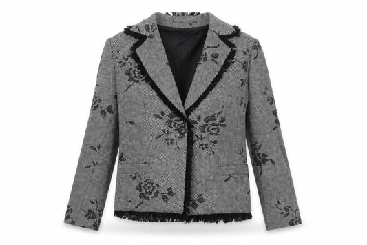 Front view of Gold women’s black floral wool jacket blazer, size UK 12