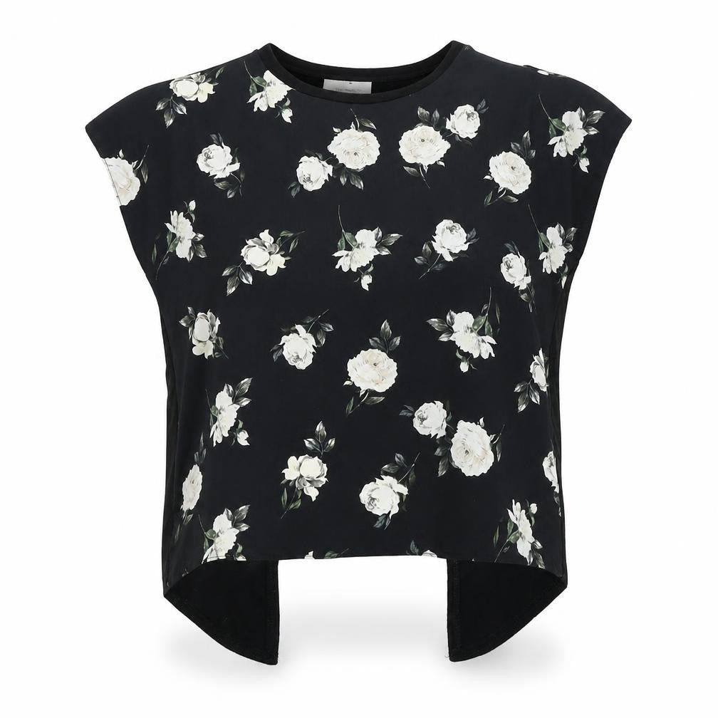 Front view of New Look women’s black floral polyester basic blouse, size UK 12, round neck