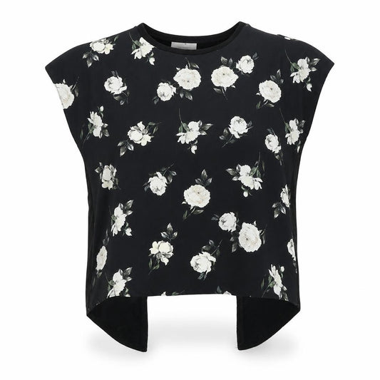 Front view of New Look women’s black floral polyester basic blouse, size UK 12, round neck