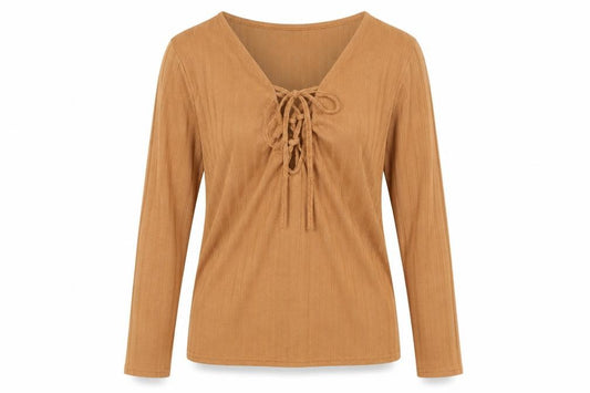 Front view of Pins & Needles women’s orange polyester basic blouse, size S, v-neck - lace up detail