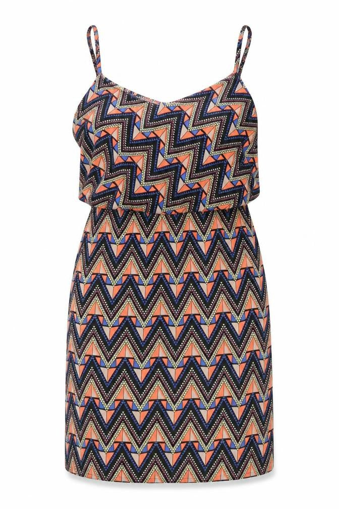 Front view of Original women’s multicoloured geometric polyester tank dress, size UK 10, v-neck pullover