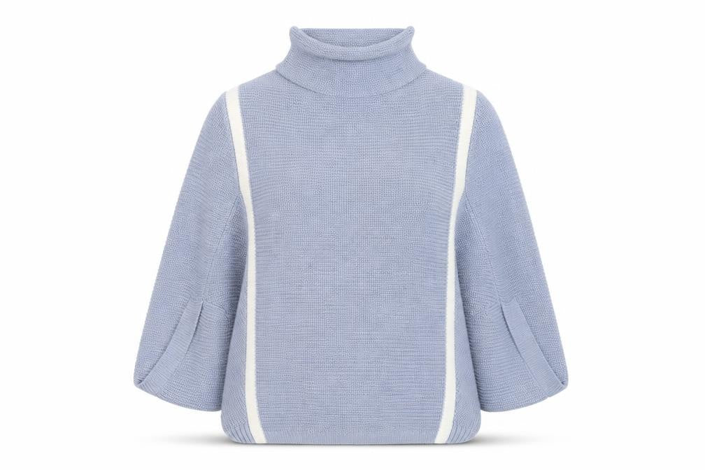 Front view of RMK women’s blue high neck acrylic jumper, size M