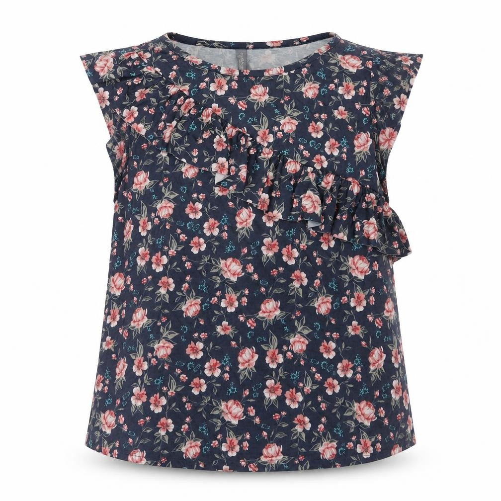 Colours of The World Womens Blue Floral Polyester Basic Blouse Size M Round Neck