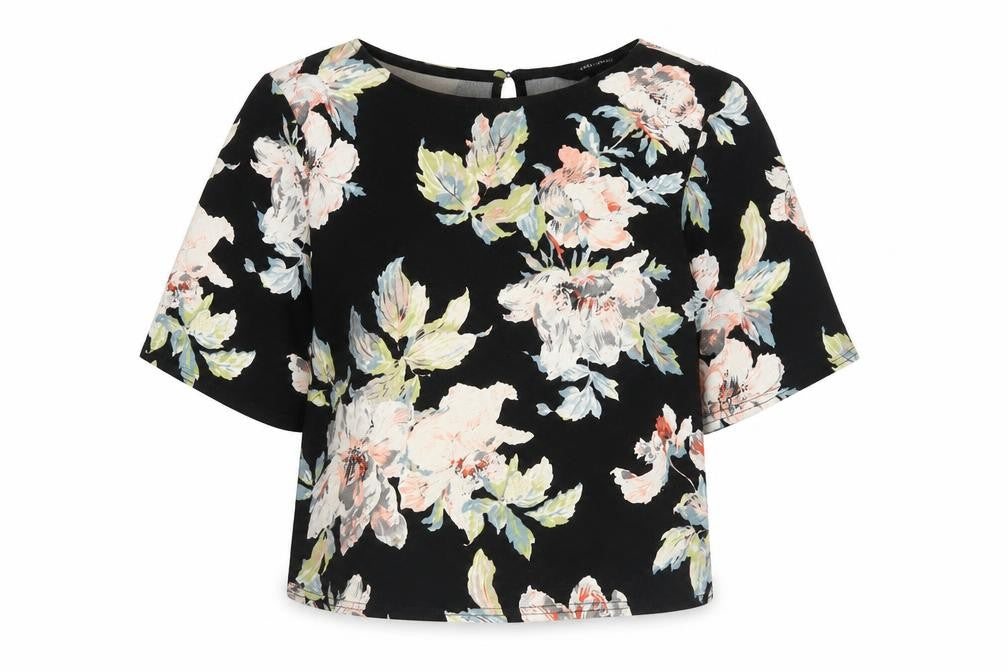 New Look Womens Black Floral Polyester Basic Blouse Size 8 Round Neck