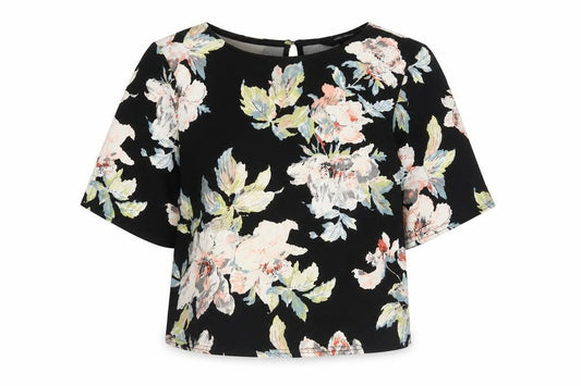 Front view of New Look women’s black floral polyester basic blouse, size UK 8, round neck