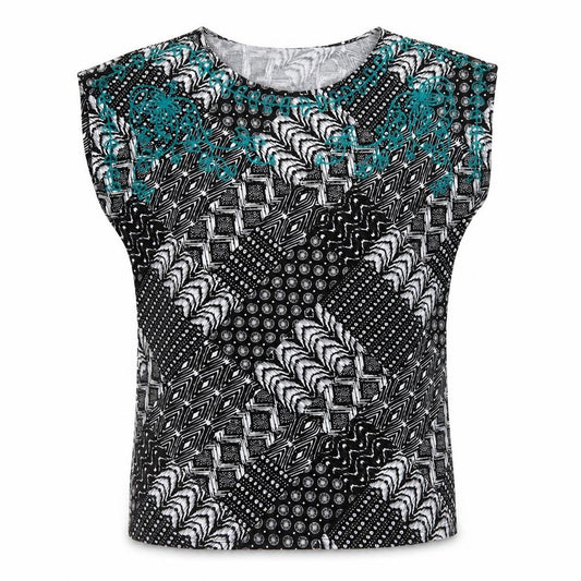 Front view of Bonmarché women’s black geometric polyester basic t-shirt, size UK 14, round neck
