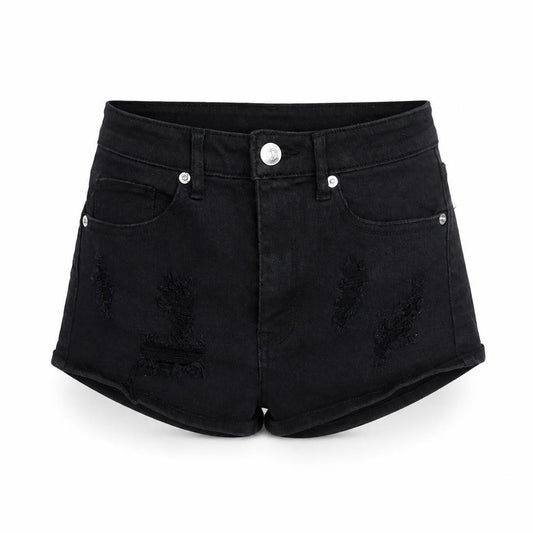 Front view of H&M women’s black cotton boyfriend shorts, size UK 4, regular zip