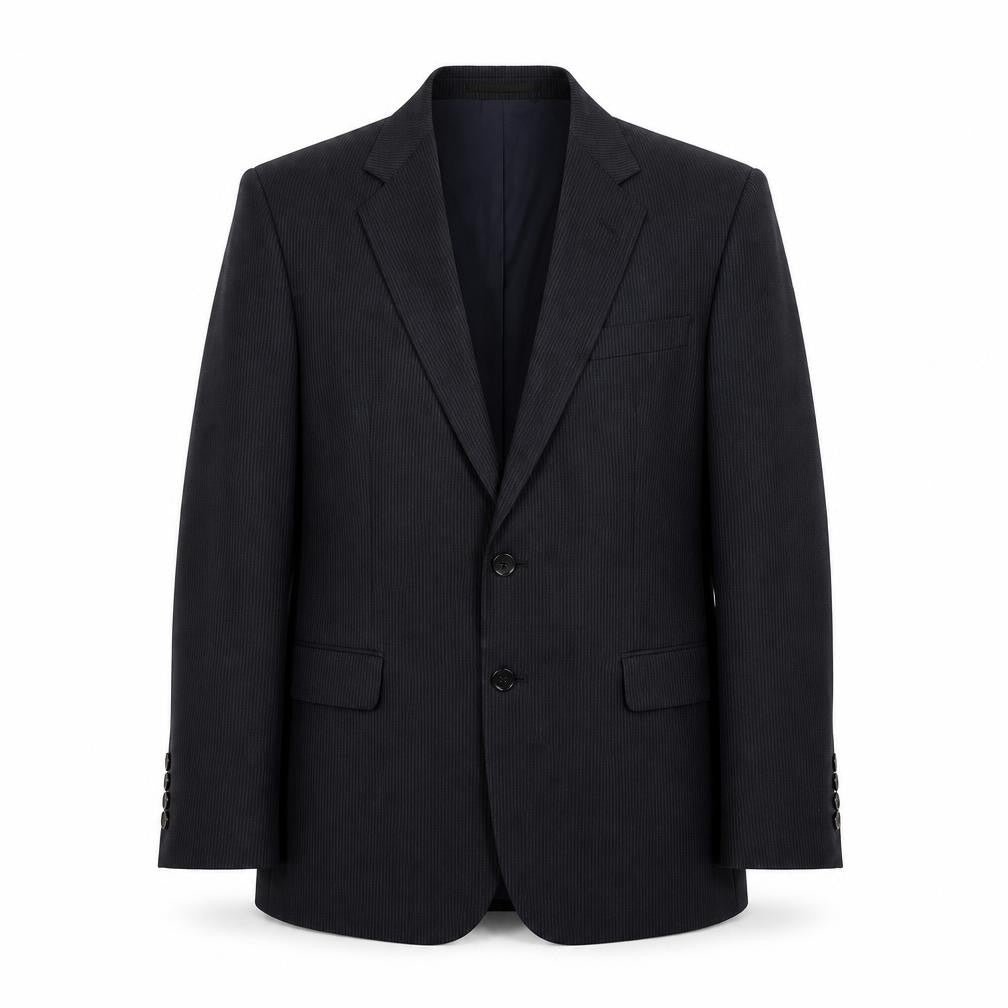 Front view of St Michael men’s black striped polyester jacket suit jacket, size 42, regular