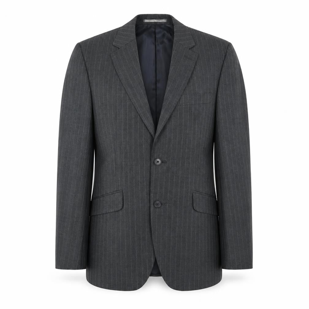 Front view of Burton men’s grey striped polyester jacket suit jacket, size 38, regular