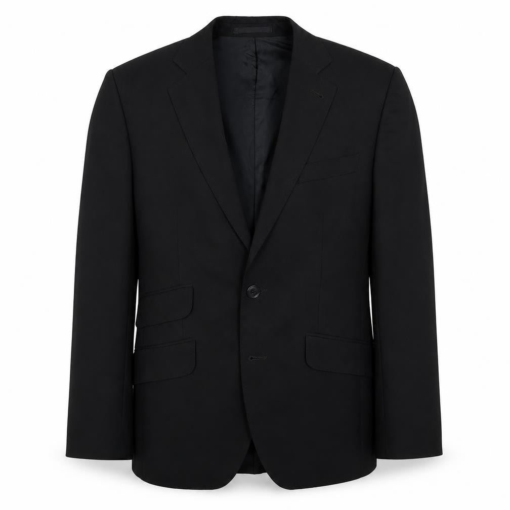 Front view of Oscar Flores men’s black wool jacket suit jacket, size 34, regular