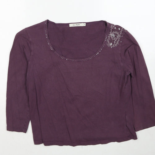 Uni Style Womens Purple Polyester Basic T-Shirt Size 10 Boat Neck - Embellished Neckline