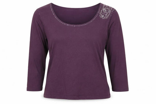 Front view of Uni Style women’s purple polyester basic t-shirt, size UK 10, boat neck - embellished neckline